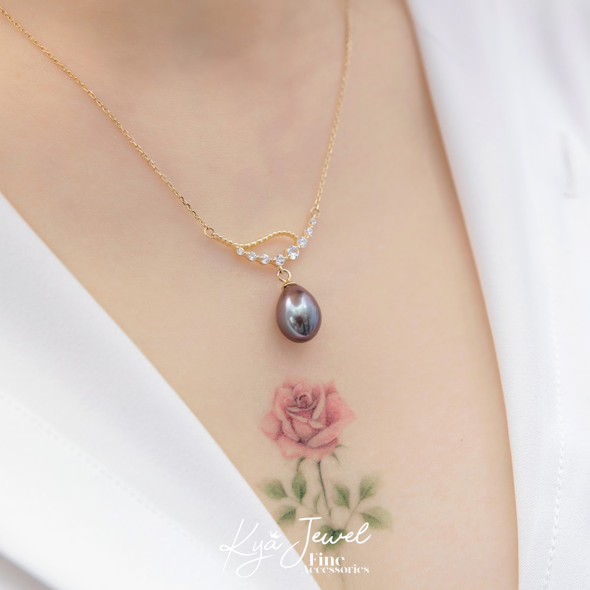 Dây chuyền ngọc trai tự nhiên tím và chuỗi đá cách điệu