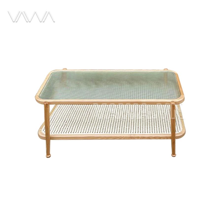 Bàn trà sofa Rustic kính sóng 2 tầng chữ nhật đẹp