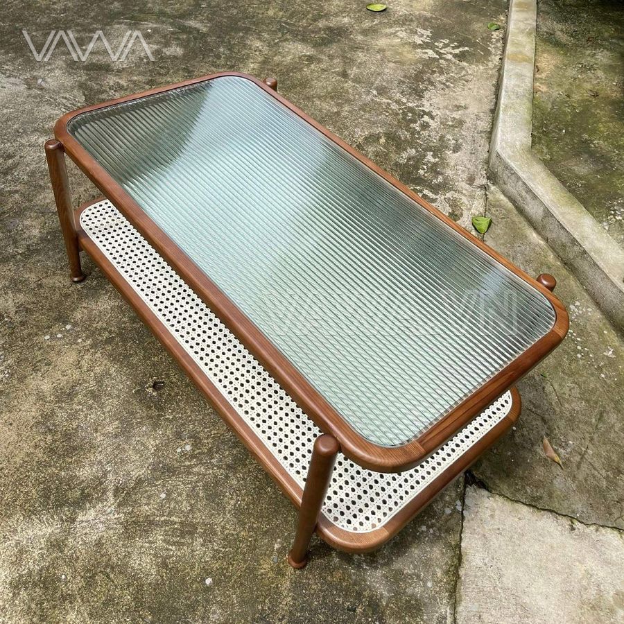 Bàn trà sofa Rustic kính sóng 2 tầng chữ nhật đẹp