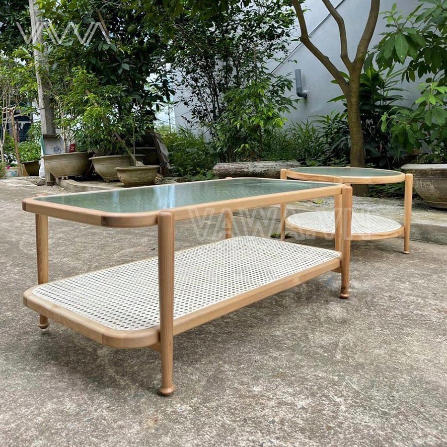 Bàn trà sofa Rustic kính sóng 2 tầng chữ nhật đẹp