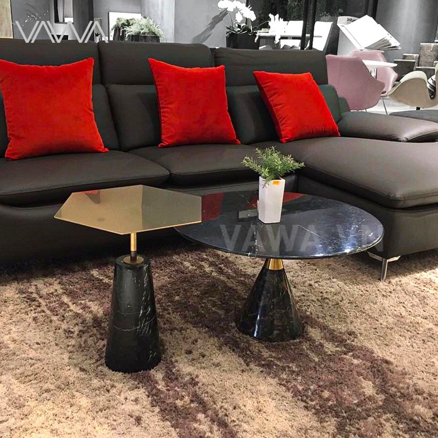 Bàn trà sofa đẹp Simple mặt đá nhập Ý - Trụ mạ vàng PVD