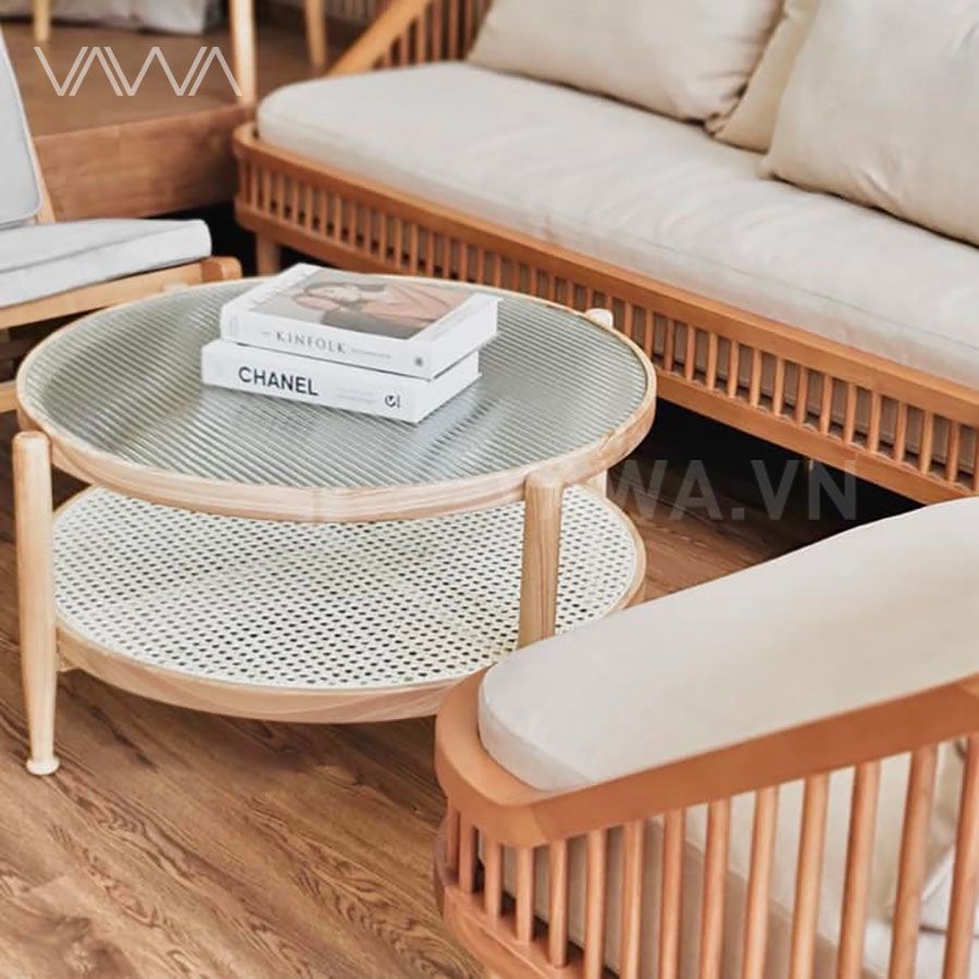  Bàn trà sofa khung gỗ 2 tầng mặt kính sóng Rattan - Bàn trà Rustic Bắc Âu 