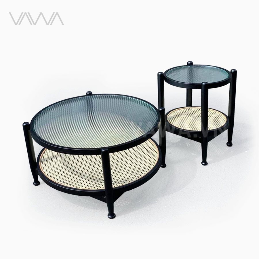 Bàn trà sofa khung gỗ 2 tầng mặt kính sóng Rattan - Bàn trà Rustic Bắc Âu