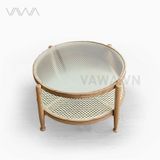  Bàn trà sofa khung gỗ 2 tầng mặt kính sóng Rattan - Bàn trà Rustic Bắc Âu 