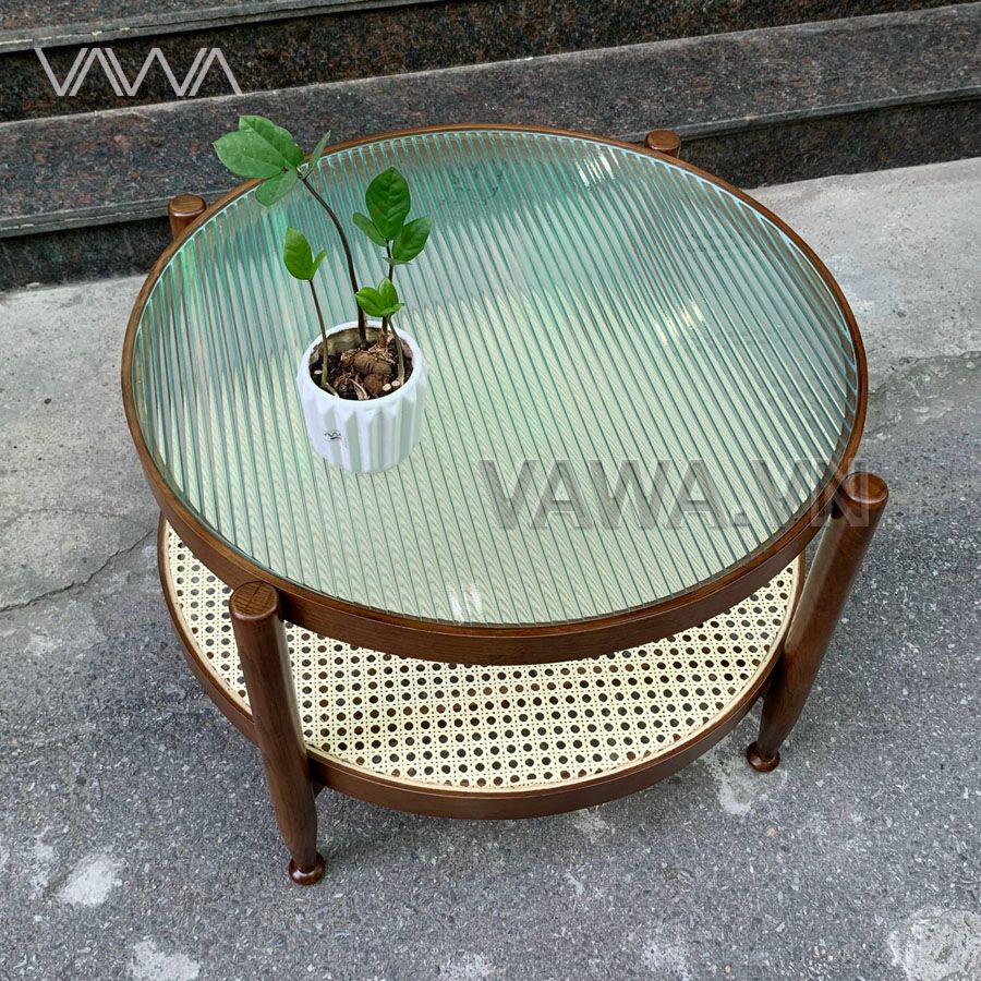 Bàn trà sofa khung gỗ 2 tầng mặt kính sóng Rattan - Bàn trà Rustic Bắc Âu
