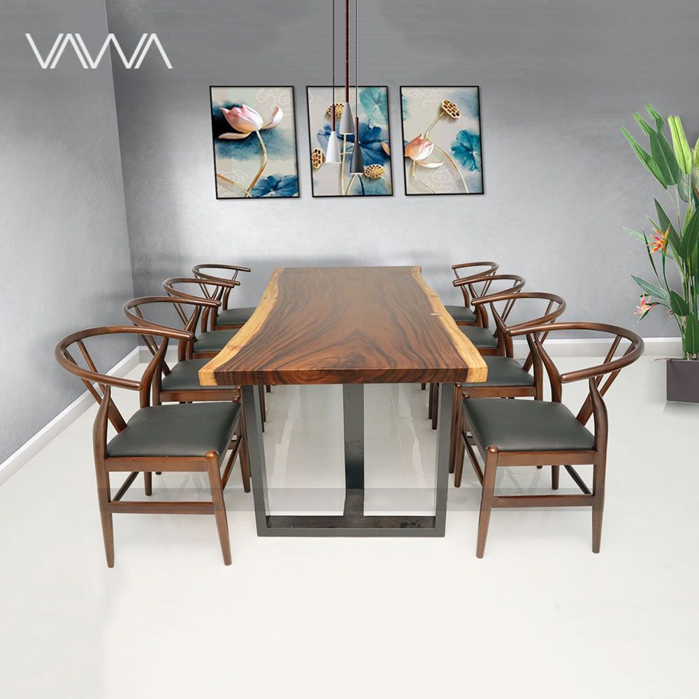 Bộ bàn ăn Gỗ Me Tây nguyên tấm ghế Wishbone bọc da Hà Nội
