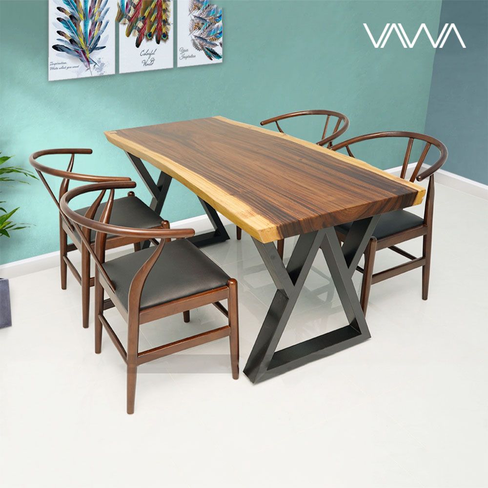 Bộ bàn ăn Gỗ Me Tây nguyên tấm ghế Wishbone bọc da Hà Nội