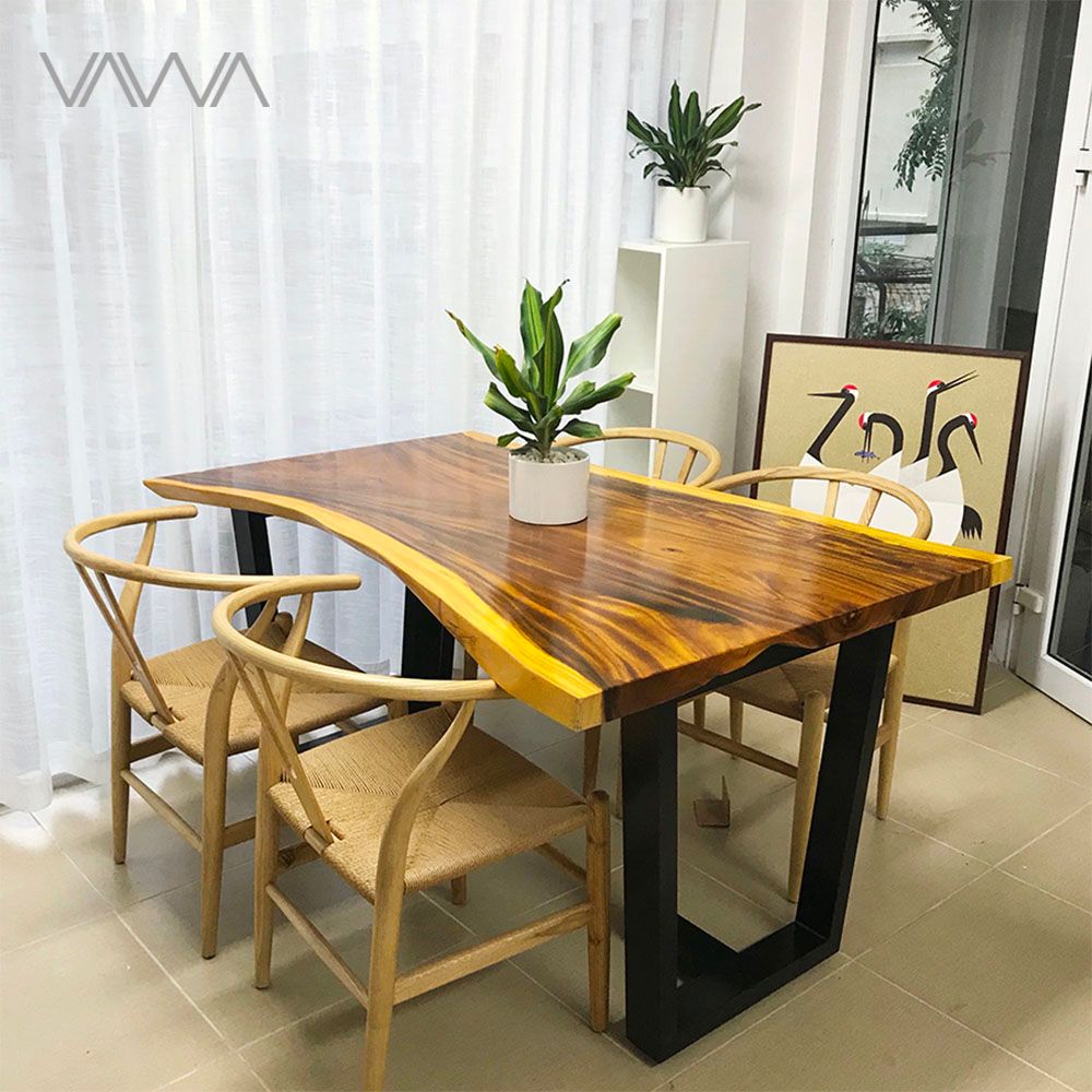 Bộ bàn ăn Gỗ Me Tây nguyên tấm ghế Wishbone bọc da Hà Nội