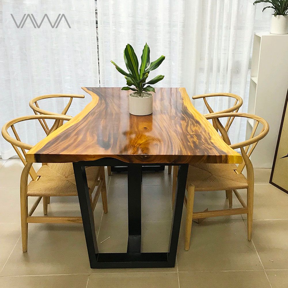 Bộ bàn ăn Gỗ Me Tây nguyên tấm ghế Wishbone bọc da Hà Nội