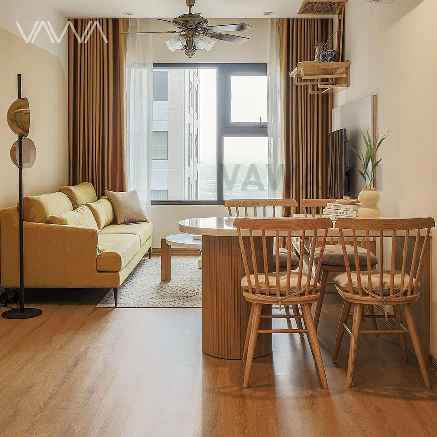 Bộ bàn ăn rustic Bắc âu 4 chỗ trụ tròn - Ghế ăn gỗ Pinnston song tiện