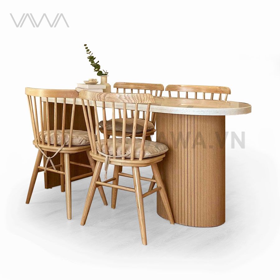 Bộ bàn ăn rustic Bắc âu 4 chỗ trụ tròn - Ghế ăn gỗ Pinnston song tiện