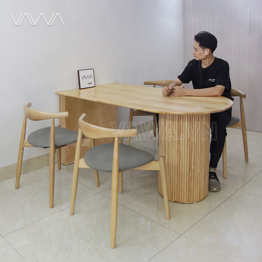 Bộ bàn ăn Rustic gỗ nan tròn Ripple ghế Bull