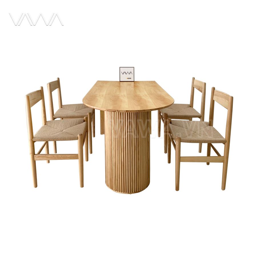 Bộ bàn ăn Rustic gỗ nan trụ tròn Ripple ghế Fussy