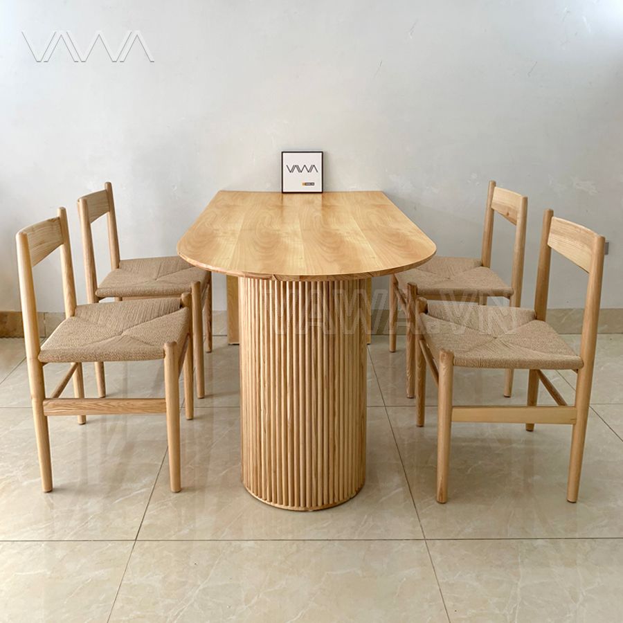 Bộ bàn ăn Rustic gỗ nan trụ tròn Ripple ghế Fussy