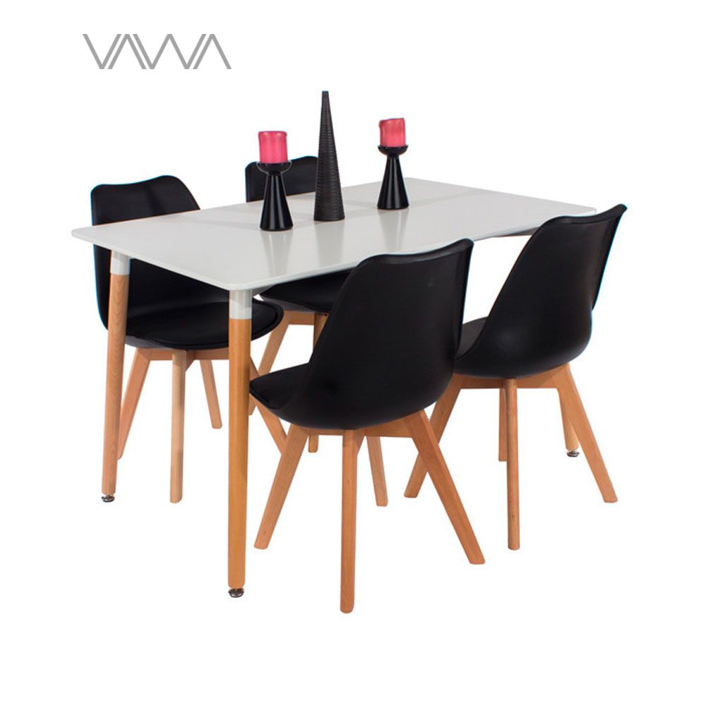 1Bộ bàn ghế ăn 4 chỗ - Bàn chữ nhật Eames, Ghế Eames mặt nhựa nệm da chân gỗ