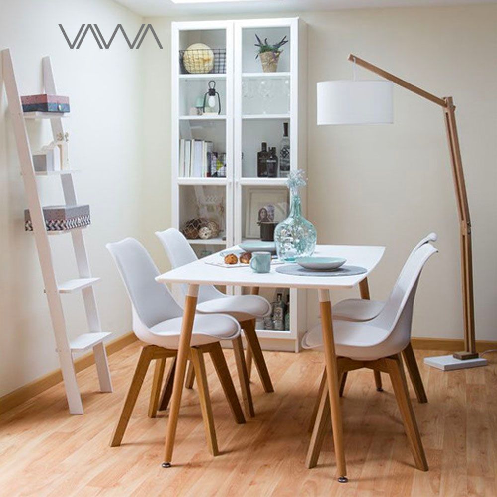 1Bộ bàn ghế ăn 4 chỗ - Bàn chữ nhật Eames, Ghế Eames mặt nhựa nệm da chân gỗ