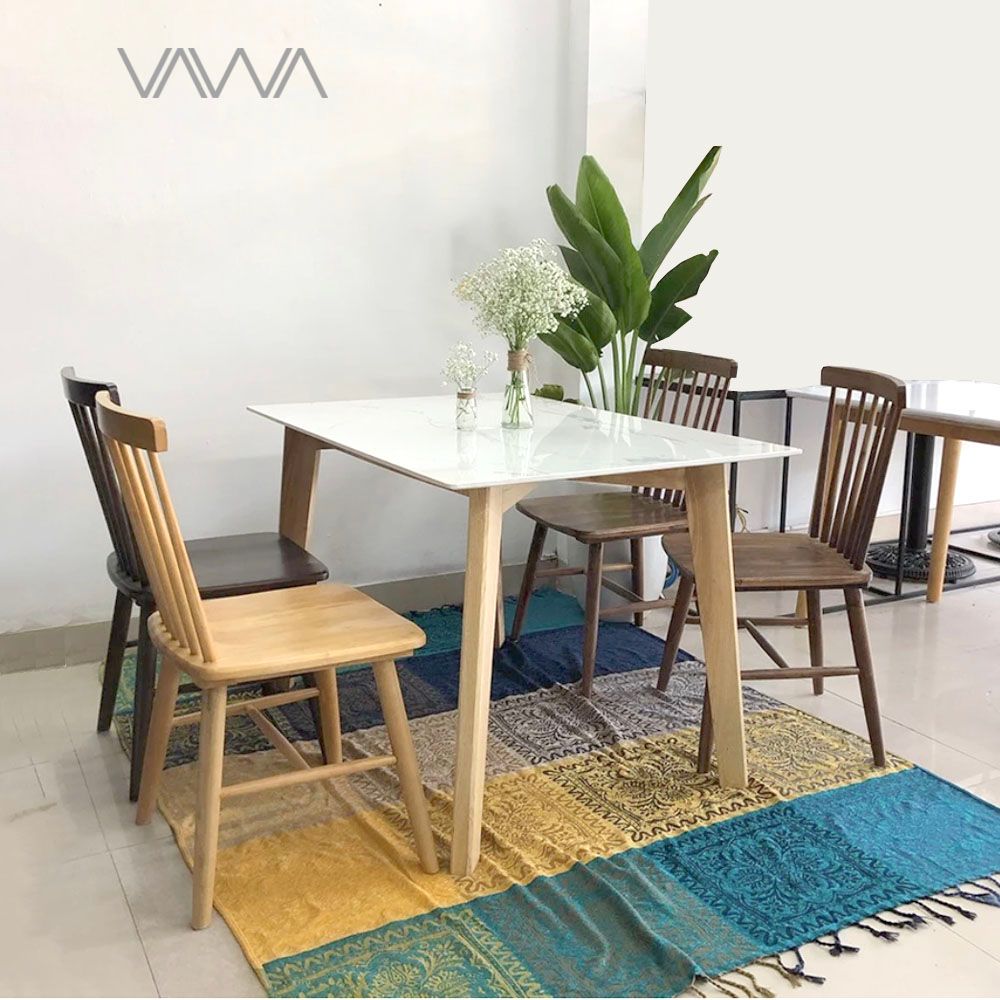 1Bộ bàn ghế ăn 4 chỗ - Bàn ăn mặt đá Howard Ghế ăn gỗ nan tiện Pinnstol