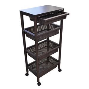 KỆ NHỰA 4 TẦNG CÓ BÁNH XE / GIÁ ĐỂ ĐỒ ĐA NĂNG THÍCH HỢP ĐỰNG PHỤ KIỆN TIỆM CẮT UỐN TÓC【MÀU NÂU ĐEN】 CHIỀU RỘNG 45,5 CM × CAO 97,8 CM · KỆ GIỎ 3 TẦNG BẰNG GIỎ, TRÊN CÙNG CÓ VÁN GỖ MẶT BÀN, PHÍA DƯỚI CÓ MỘT NGĂN KÉO.