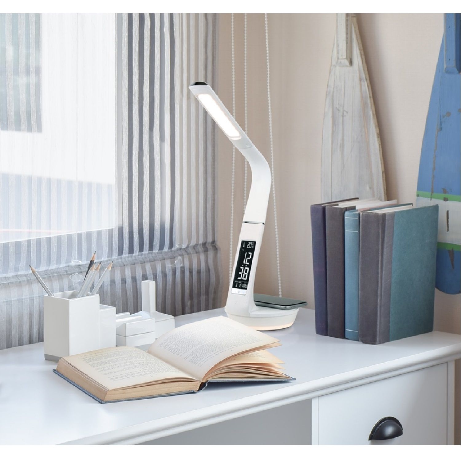 Đèn LED đứng với màn hình kỹ thuật số (loại sạc điện thoại thông minh / chức năng Qi) DQL-H2009-WH