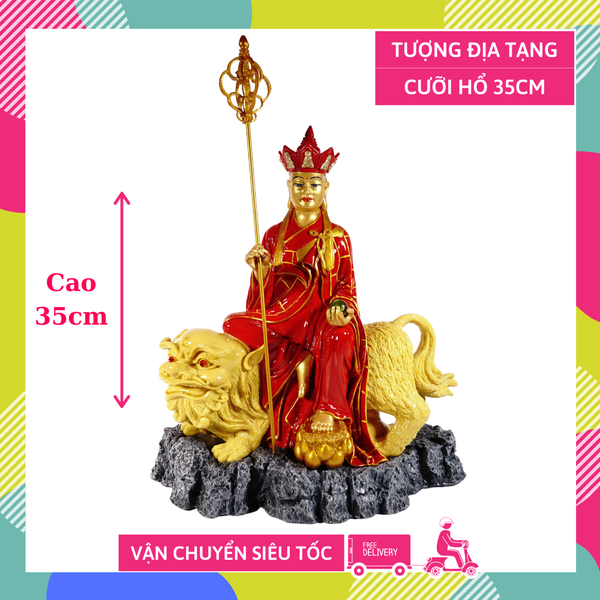 Tượng Phật Địa Tạng Vương Bồ Tát cưỡi hổ vẽ áo đỏ lớn - Cao 35cm