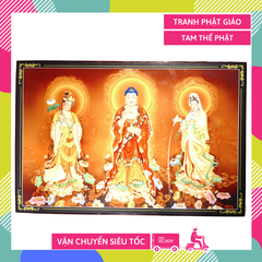 Tranh Tam Thế Phật đứng hào quang giữa bầu trời đỏ - 60x40cm