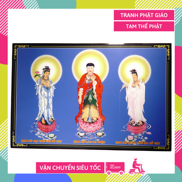 Tranh Phật Tam Thế Phật đứng đài sen hào quang giữa nền xanh - 60x40cm