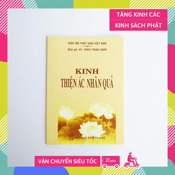 Sách phật giáo Kinh thiện ác nhân quả Thích Trung Quán bìa giấy vàng chữ to rõ 62 trang