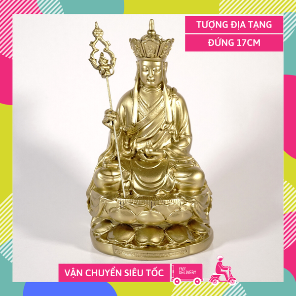 Tượng Địa Tạng Vương Bồ Tát ngồi đài sen mạ đồng nguyên khối - Cao 17cm