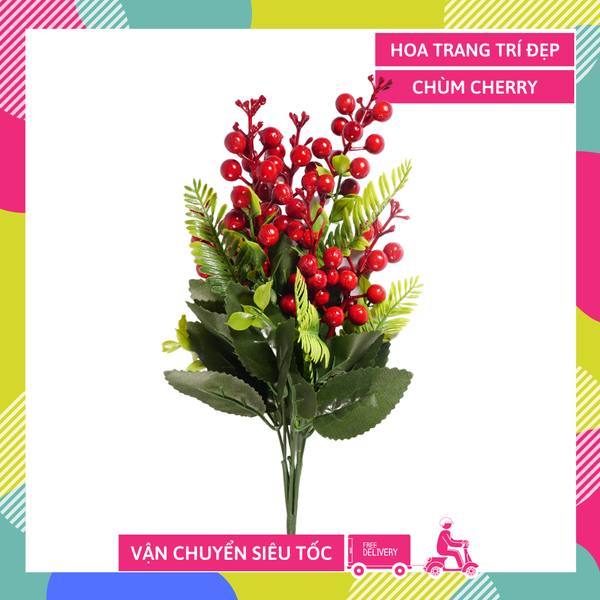 Hoa giả đẹp trang trí nhà cửa chùm Cherry đỏ hạnh phúc nhiều màu - Cao 40cm bụi 7 cành