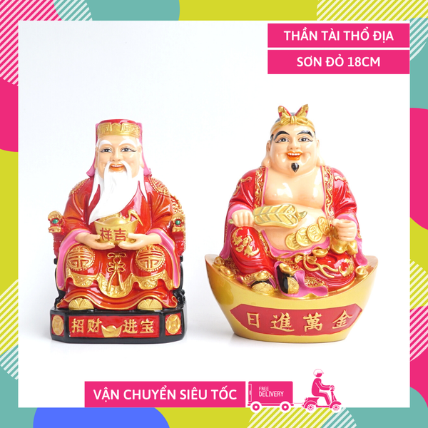 Tượng Thần Tài Thổ Địa đẹp sơn đỏ Tài Địa tài lộc - Cao 18cm - Đặc nguyên khối,nặng,chắc