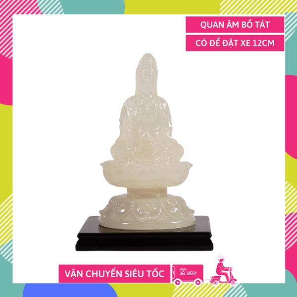 Tượng Quan Âm Bồ Tát ngồi tòa sen có đế dạ quang - Cao 12cm