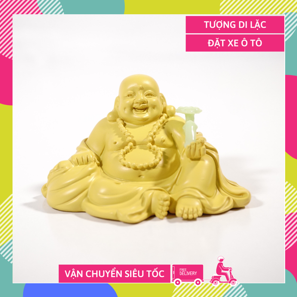 Tượng Phật Di Lặc ngồi đặt xe ô tô vàng đất cầm gậy như ý - Cao 6cm rộng 11cm