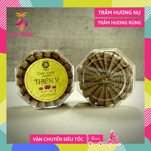 Nụ trầm hương Thiên Ý tháp tròn - 40 viên trầm hương xông trầm cao cấp - Hộp bát giác vàng - Cháy 20 phút/Viên