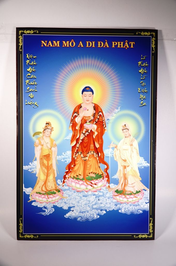 Tranh Tam Thế Phật đứng đài sen hào quang giữa mây trời - 60x40cm