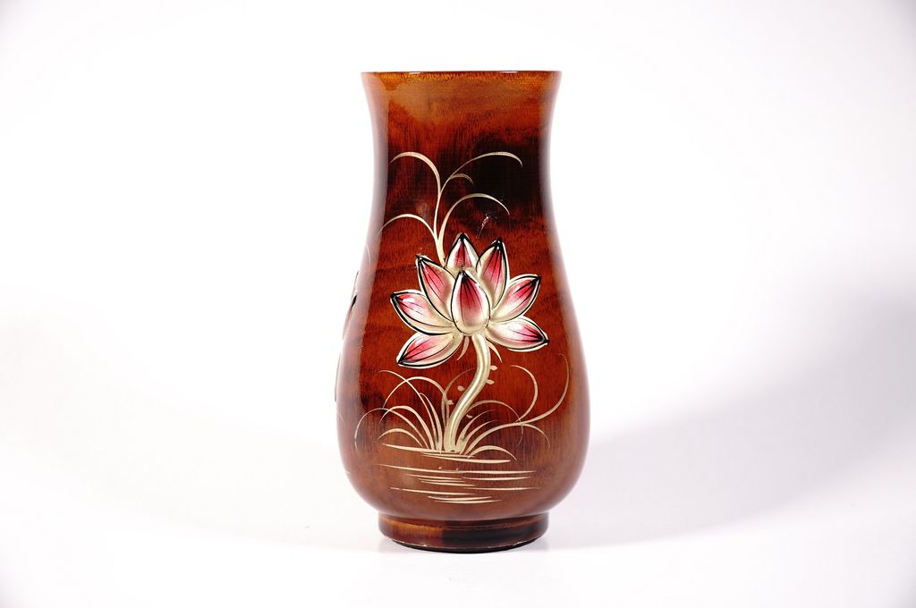 Bình hoa gỗ vẽ sen nổi, mai đào thờ cúng củ huệ mỹ nghệ cao cấp - Cao 14cm