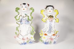 Cặp tượng Tiên Đồng Ngọc Nữ trên bàn thờ Phật gốm sứ vẽ màu sắc siêu đẹp - Cao 26cm
