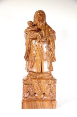 Bộ 3 tượng Phúc Lộc Thọ gỗ hương đứng trên khối tiền nguyên khối điêu khắc chạm cực đẹp - Cao 30cm