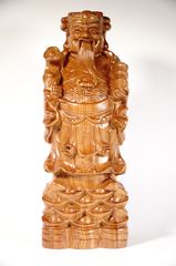 Bộ 3 tượng Phúc Lộc Thọ gỗ hương đứng trên khối vàng nguyên khối điêu khắc chạm cực đẹp - Cao 30cm