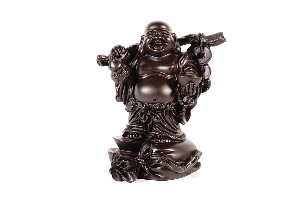 Tượng Phật Di Lặc đứng trên bao tải tiền nâu đất may mắn - Cao 14cm