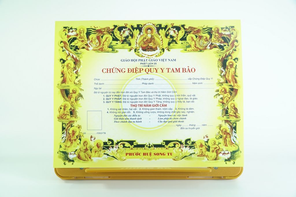 Giấy chứng nhận Quy Y Tam Bảo theo đạo Phật - Vàng 30x25cm