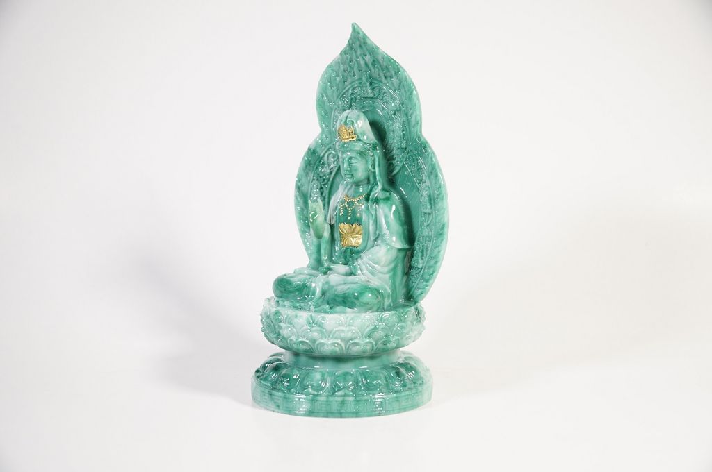 Tượng Phật Quan Âm Bồ Tát cẩm thạch lá bồ đề hào quang để xe ô tô, bàn thờ - Cao 19cm ngồi