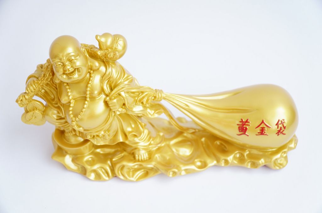 Tượng Phật Di Lặc kéo bao tải tiền nhũ vàng cầu tài lộc đúc lớn - Dài 30cm