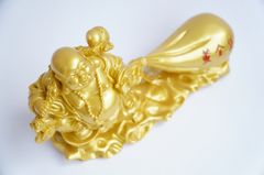 Tượng Phật Di Lặc kéo bao tải tiền nhũ vàng cầu tài lộc đúc lớn - Dài 30cm