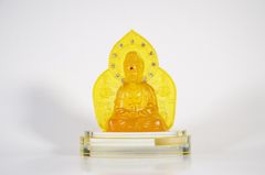Tượng Phật A Di Đà Bồ Tát Quan Âm đế kính lưu ly vàng viền kim sa lấp lánh 2 mặt để xe hơi cao cấp - Cao 13cm, có lỗ nước hoa