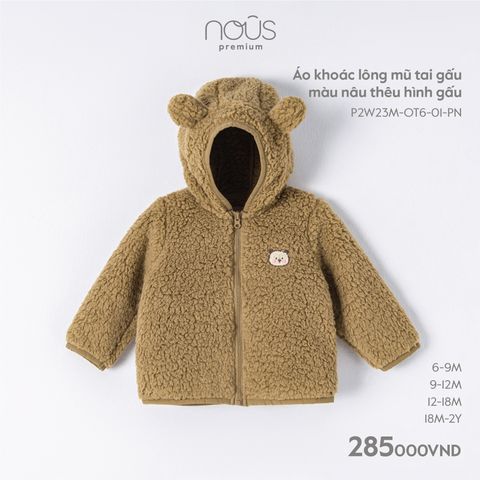 Áo khoác lông Nous Premium mũ tai gấu màu nâu thêu hình gấu