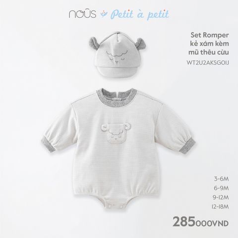 Set Romper Nous Petit à petit kẻ xám kèm mũ thêu cừu