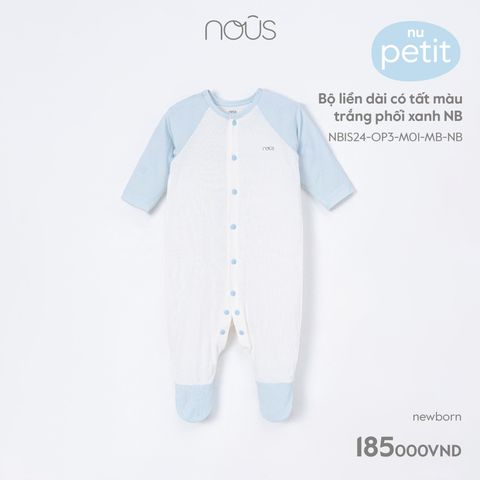 Bộ body Nous Petit liền dài có tất màu trắng phối xanh NB