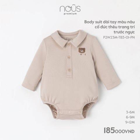 Bodysuit dài tay Nous premium màu nâu cổ đức thêu trang trí trước ngực