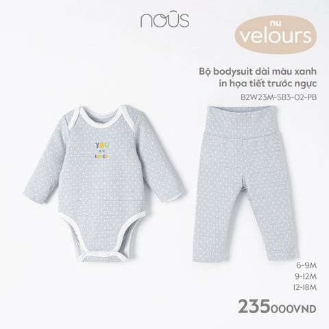 Bộ bodysuit dài Nous velours màu xanh in họa tiết trước ngực