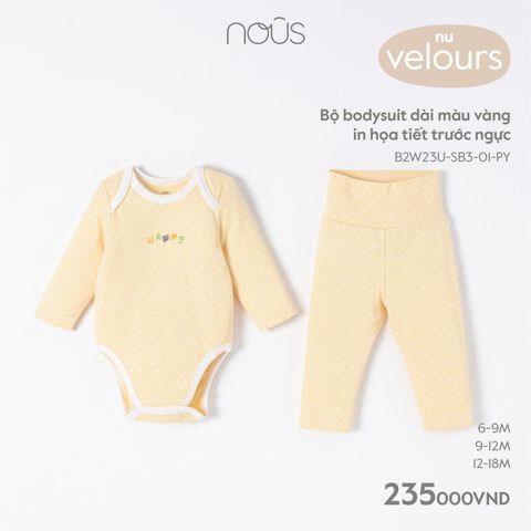 Bộ bodysuit dài Nous velours màu vàng in họa tiết trước ngực